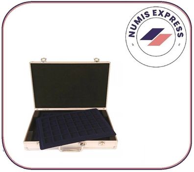 Aluminium Alu Münzkoffer mit 4 blauen Tableaus für 160 Münzen#