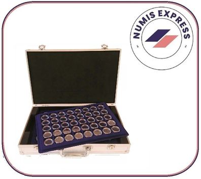 Aluminium Alu Münzkoffer mit 4 blauen Tableaus und Kapseln für 160 x 2 Euro