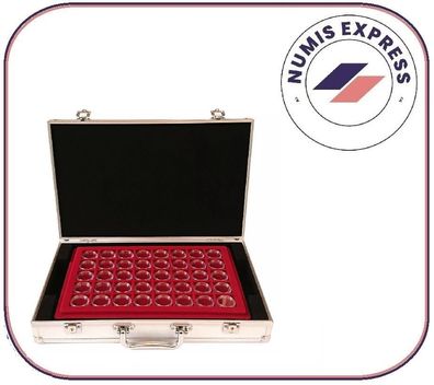 Aluminium Alu Münzkoffer mit 4 roten Tableaus u. Kapseln für 160 x 2 Euro Münzen