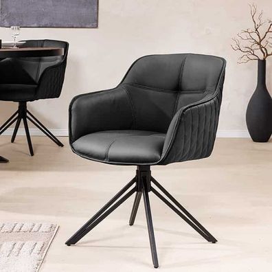 Eleganter Drehstuhl HORA Echtleder schwarz Metallgestell Armlehne Ziersteppung