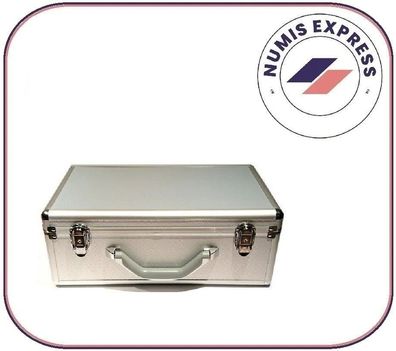 Großer Alu Aluminium Münzkoffer mit 12 blauen Tableaus und 500 Kapseln 26mm