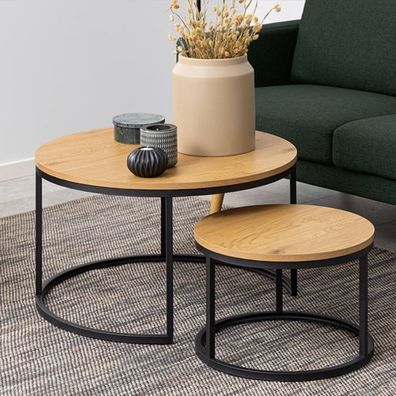 Modernes 2er Set Couchtisch MARMO 80cm natur Wildeiche-Look schwarz Metall