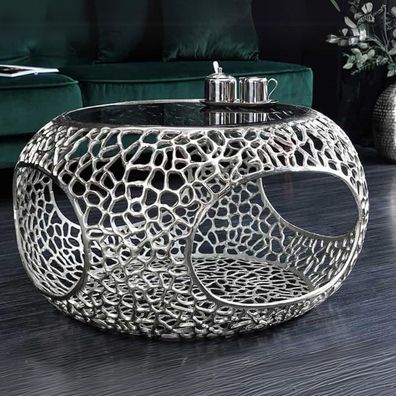 Design Couchtisch RIXOS schwarz 75cm Metall silber Handarbeit Stauraum