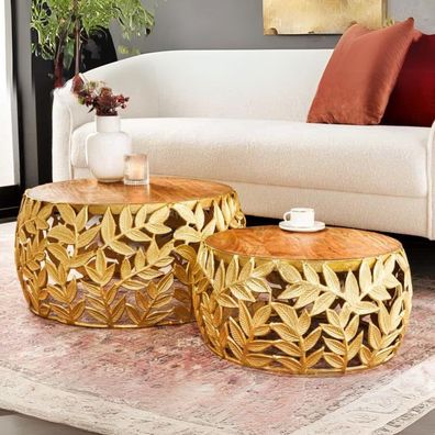 Extravagantes Couchtisch-Set RIXOS-Leaf ca.70cm Metall natur Akazie Handarbeit