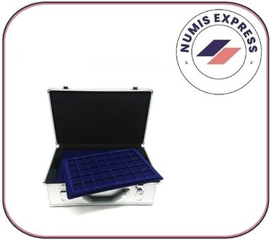 Großer Alu Aluminium Münzkoffer mit 12 blauen Tableaus für 480 Münzen bis 32mm