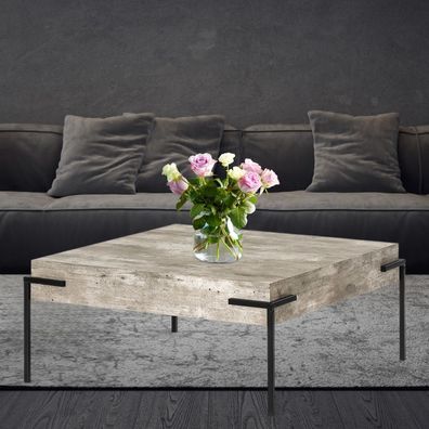 Design Couchtisch CRETO 80cm grau Beton-Optik schwarzes Metallgestell