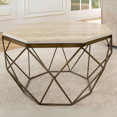 Exklusiver Couchtisch BIJOUX ca.70cm beige Travertin Handarbeit messing Eisengestell