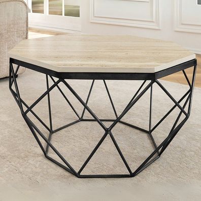 Exklusiver Couchtisch BIJOUX ca.70cm beige Travertin Handarbeit schwarz Eisengestell