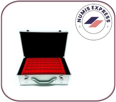 Großer Alu Aluminium Münzkoffer mit 12 roten Tableaus für 480 Münzen bis 32mm