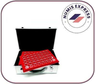 Großer Alu Aluminium Münzkoffer mit 12 roten Tableaus und 500 Kapseln 26mm