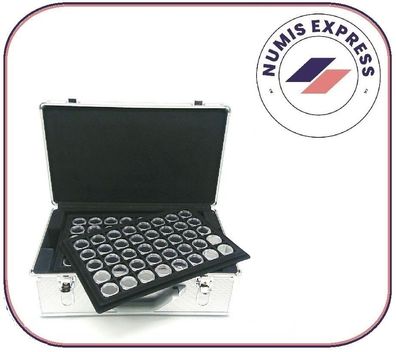 Großer Alu Aluminium Münzkoffer mit 12 schwarzen Tableaus und 500 Kapseln 26mm