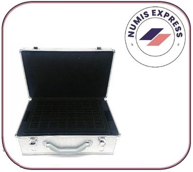Großer Alu Aluminium Münzkoffer mit 12 schwarzen Tableaus f. 480 Münzen bis 32mm