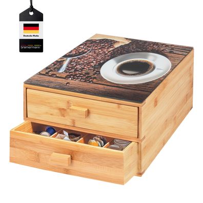 bremermann Kaffeekapsel-Box aus Bambus mit Dekor-Glasplatte | Teebeutel-Box