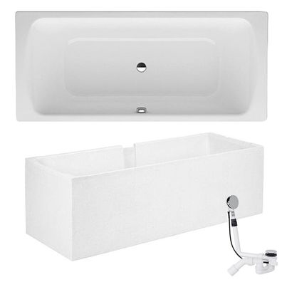 Stahl Badewanne Elunos 180 x 45 x 80 cm weiß Wannenträger Ab- Überlaufgarnitur