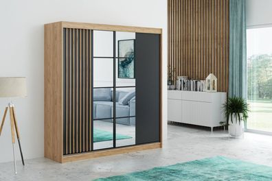 FurMeb24 Schiebetürenschrank ROCCO mit Spiegel, 3-türiger, Craft Gold und Schwarz