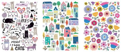 Transfer Rub on Flower Cat Home, 3 Bogen