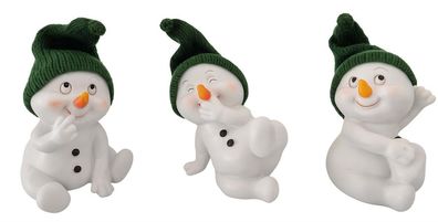 3 Stück Schneemann Figuren grün sitzend 11,5cm Weihnachten Dekofiguren Winter