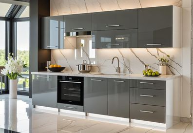 Küchenzeile Linda 260 cm hohe Schränke Grau Hochglanz- Küche 2,6m, Einbauküche