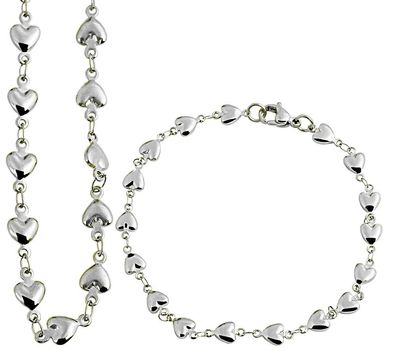Edelstahl Schmuckset Kette 50 cm und Armband 21 cm silberfarbig Herzform