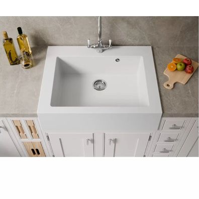 QLS Granitspüle FARMER 79x61 cm weiß Spüle mit Schürze und Siphon 11327