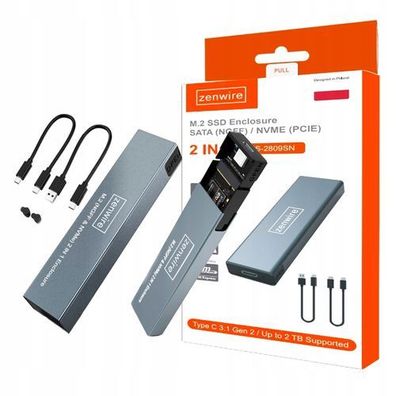 Gehäuseadapter für NVME/SATA PCIe M.2 SSD USB-C M2 Gen2 10GB/s Zenwire BS-2809SN