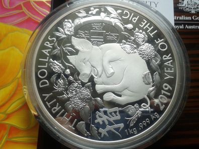 30$ 2019 PP Australien Lunar Schwein im Etui + Umverpackung 30 Dollars 2019 - 100 Ex
