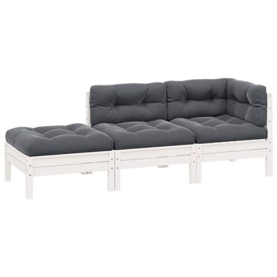 vidaXL 3-tlg. Garten-Lounge-Set mit Kissen Weiß Kiefer Massivholz