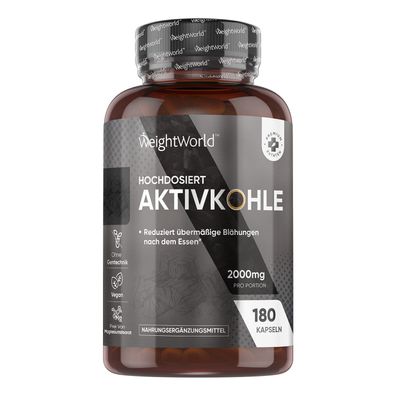 Aktivkohle Kapseln - 2000mg pro Tag - 180 vegane Kapseln - WeightWorld