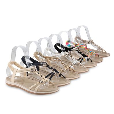 VAN HILL Damen Riemchensandalen Sandalen Leder-Optik Zierperlen Schuhe 840106