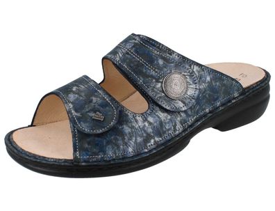 FINN Comfort Sansibar Damen Pantolette Hausschuhe blau bedrucktes Glattleder