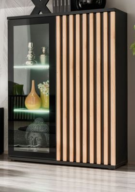 Vitrine "Morgan" in schwarz und Jackson Eiche Highboard mit 3D-Lamellen inkl. LED