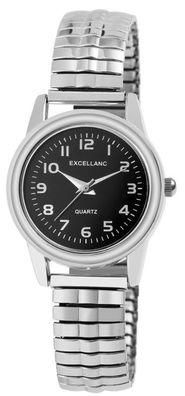 Edelstahl Damenuhr Zugbanduhr Excellanc silberfarben Ziffernblatt schwarz Analog