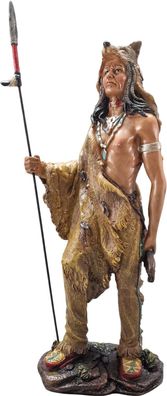 Western Figur Indianer mit Speer in der Hand und Wolfskopf Haube