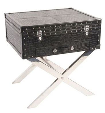 Casa Padrino Koffer Konsole Echtleder schwarz in Croco Optik 50 x 50 x 45 cm - Nachtt