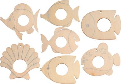 Holzanhänger Pompon Fische, 35er Set