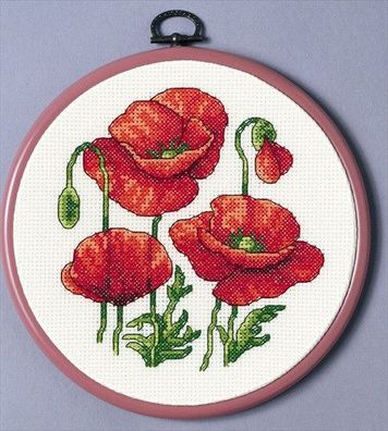 komplette Stickpackung "Mohnblumen" mit Rahmen