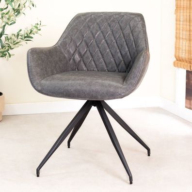 Industrieller Esszimmerstuhl Anthrazit Gian - Kunstleder - Rautenmuster - Mit Armlehn