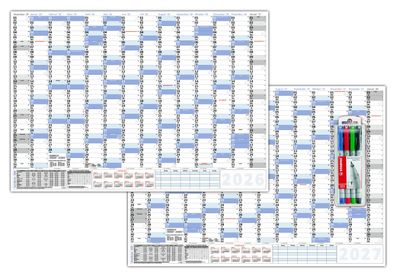 XXL Wandkalender DIN B1 2026 + 2027 (100 x 70cm) nass abwischbar inkl. Stifteset