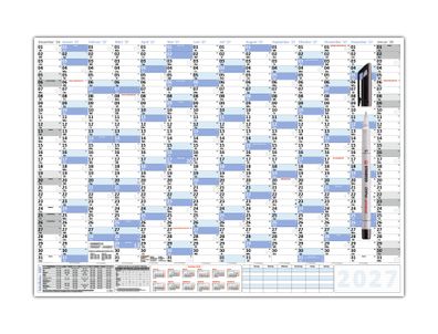XXL Wandkalender DIN B1 2027 blau, nass abwischbar (100 x 70cm) + Folienstift