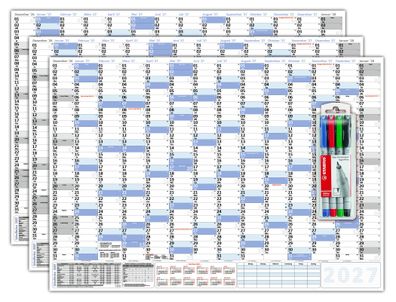 3 Stück XXL Wandkalender DIN B1 2027 (100 x 70cm) nass abwischbar inkl. Stifteset