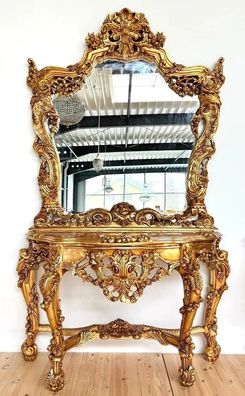 Royal Gold Console Table &Mirror Set Antique Baroque Style Marble Top Wall Décor