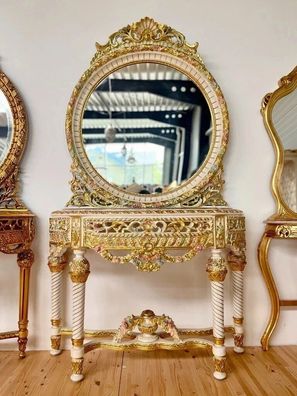Royal Gold Console Table &Mirror Set Antique Baroque Style Marble Top Wall Décor