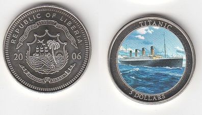 5 Dollar Nickel Farb Münze Liberia Titanic 2006 (113362)