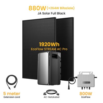 EcoFlow Balkonkraftwerk 880W/800W Bifazial mit Wechselrichter AC Pro 1,92kWh Speicher