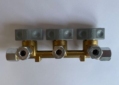 Gas Verteilerblock GOK Gasventil 10mm 3 Abgänge f. 8mm Rohr Gashahn 310f297 NEU