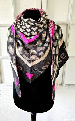 Blogger XXL Dreieckstuch Halstuch Schal mit Kaschmir Animal/Herzen Schwarz/Pink/Beige
