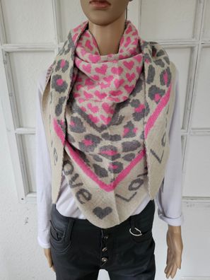 Blogger XXL Dreieckstuch Halstuch Schal mit Kaschmir Animal/Herzen Grau/Rosa/Beige