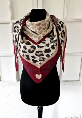 Blogger XXL Dreieckstuch Halstuch Schal mit Kaschmir Animal/Herz Weinrot/Beige/Taupe