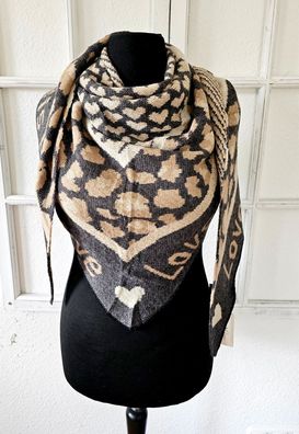 Blogger XXL Dreieckstuch Halstuch Schal mit Kaschmir Animal/Herz Beige/Taupe/Schwarz