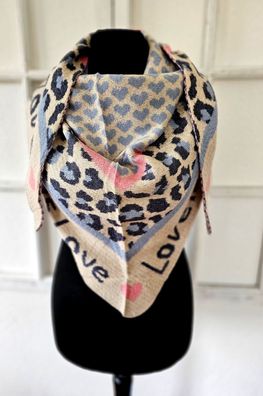 Blogger XXL Dreieckstuch Halstuch Schal mit Kaschmir Animal/Herz Hellblau/Rosa/Beige